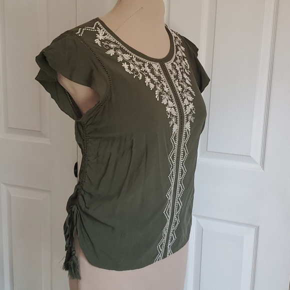 Olive green rayon embroidered Time and Tru blouse - Picture 2 of 6